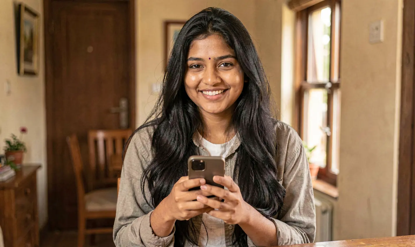 Young Bangladeshi woman smiling while holding her phone and using the 50OK casino app in a cozy indoor setting