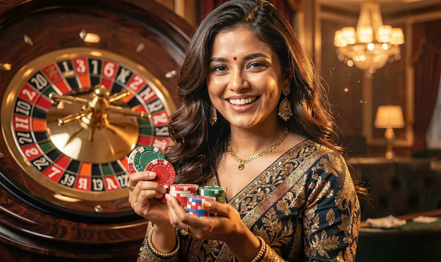Excited casino player holding colorful chips with a glowing roulette wheel behind her representing thrilling bonus gameplay at 50OK in Bangladesh