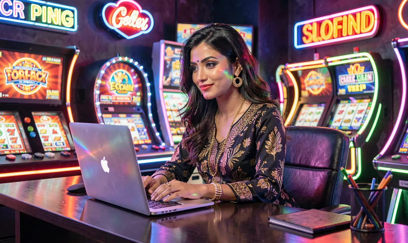 Stylish woman working on a laptop surrounded by vibrant casino icons like cards and chips showcasing the immersive 50OK online casino games experience for players in Bangladesh