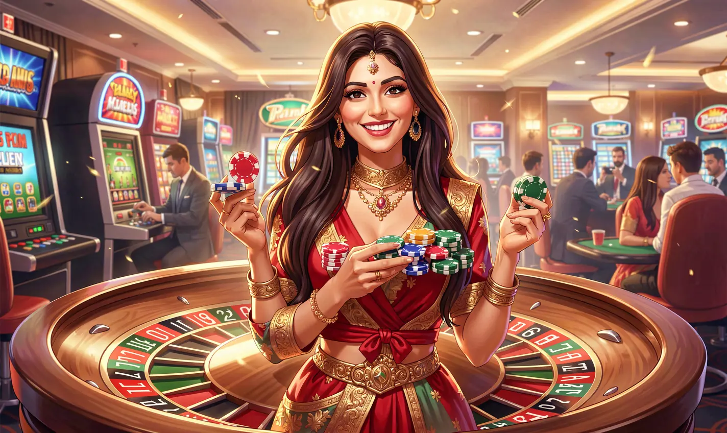 Stylish Bangladeshi woman holding casino chips with a vibrant roulette background symbolizing high energy live casino action at 50OK
