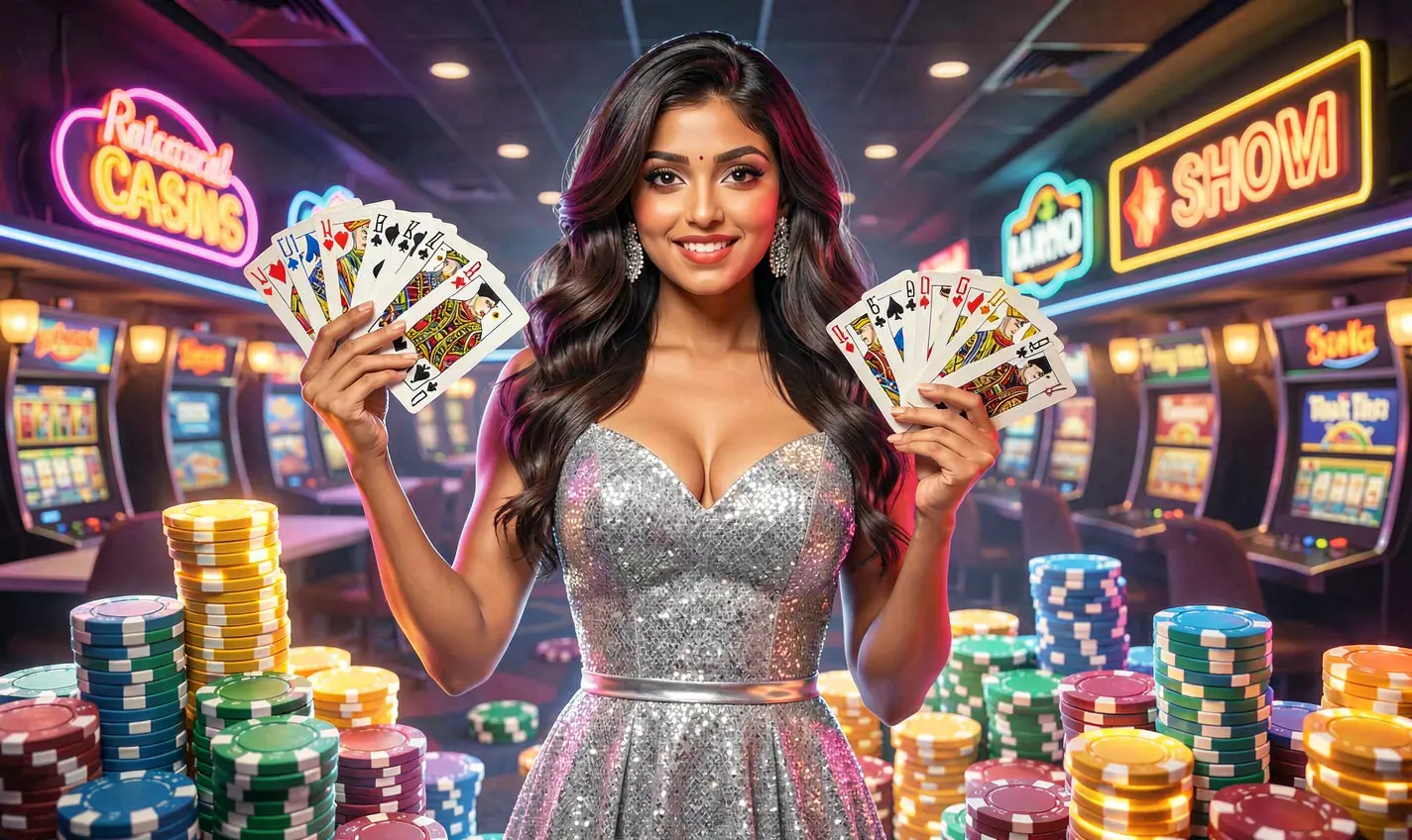 Elegant casino atmosphere with a glamorous woman holding playing cards near a roulette wheel showcasing the premium gaming experience at 50OK for Bangladeshi players