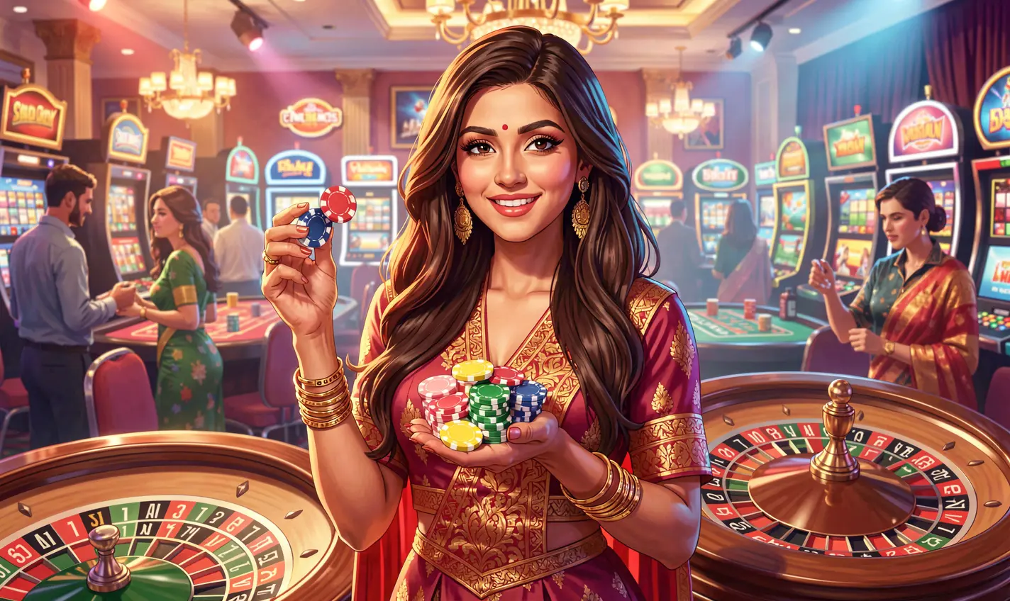 Elegant Bangladeshi casino hostess holding colorful chips with a glowing roulette wheel behind her showcasing the immersive 50OK live casino experience in Bangladesh